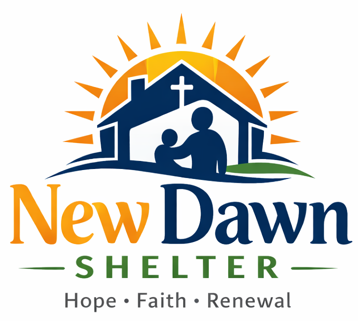 New Dawn Shelter logo with house and sun
