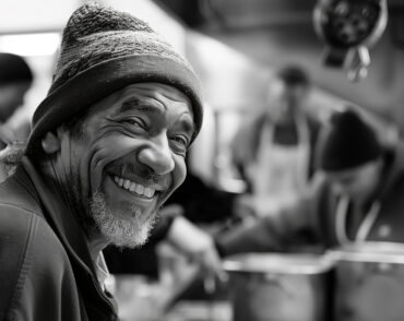 Smiling man wearing beanie in kitchen