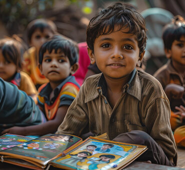 Smiling child sitting with open picture books